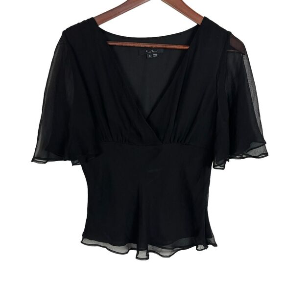 ECI New York Black Semi-Sheer Short Sleeve Blouse Women's Small V-Neck - Picture 1 of 6